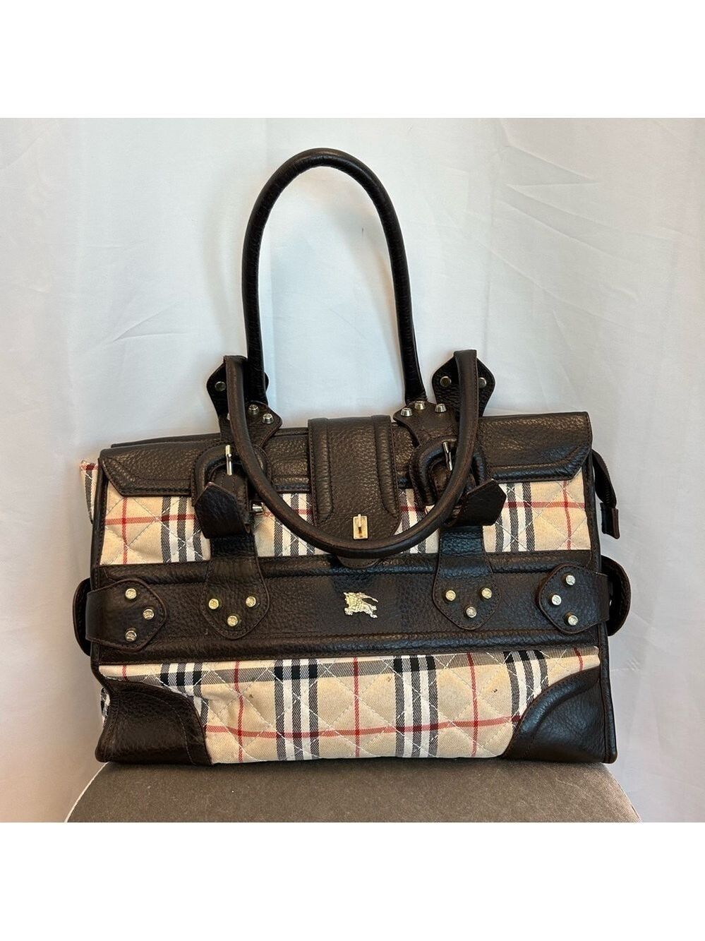 BURBERRY rare unique chocolate brown plaid check nova print cloth bag purse